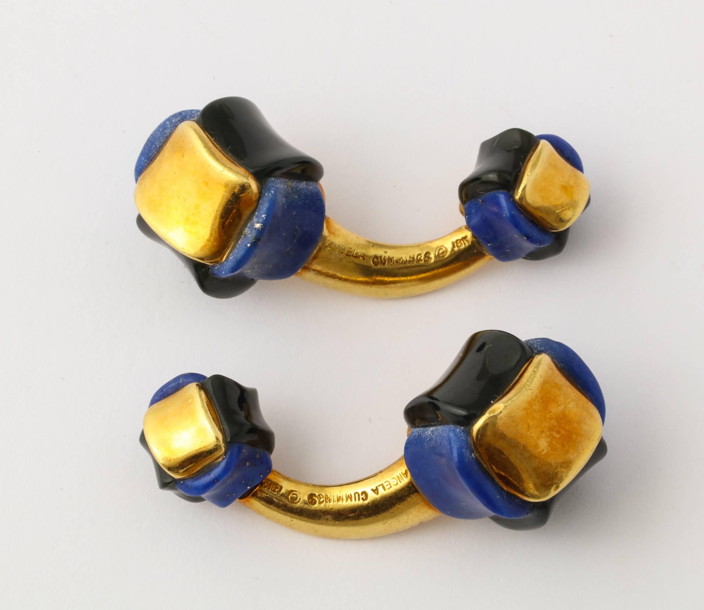 Angela Cummings Carved Lapis Lazuli, Black Jade, Gold Cufflinks In Excellent Condition For Sale In New York, NY