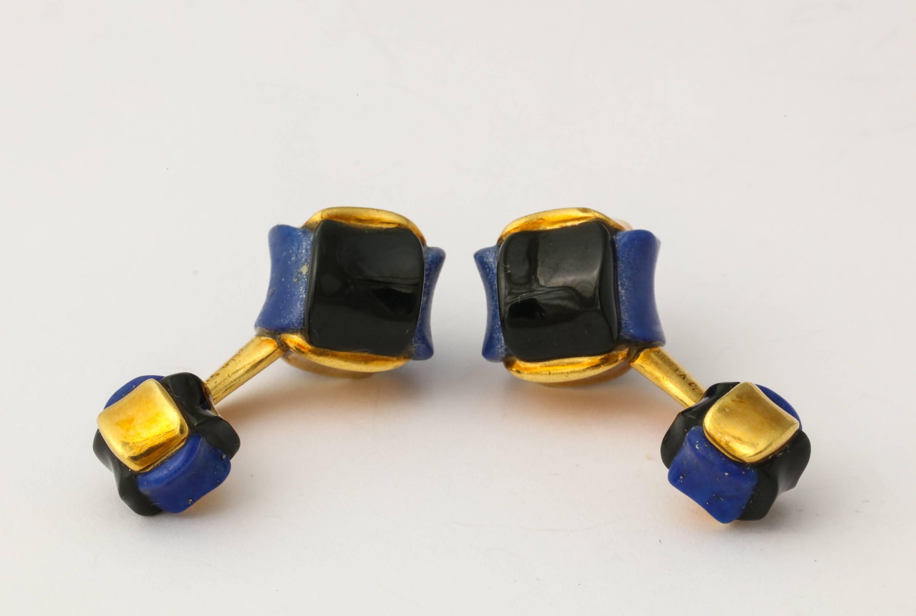 Angela Cummings Carved Lapis Lazuli, Black Jade, Gold Cufflinks For Sale 1