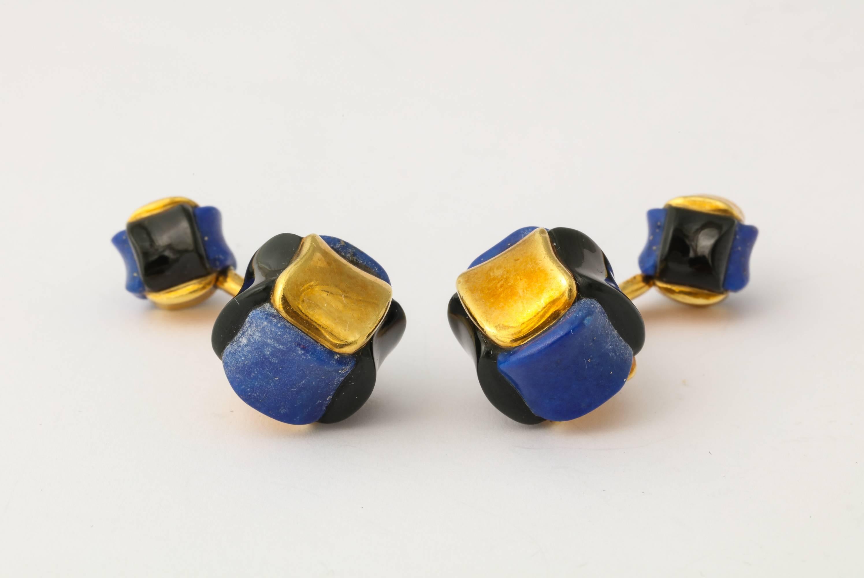 Angela Cummings Carved Lapis Lazuli, Black Jade, Gold Cufflinks For Sale 3