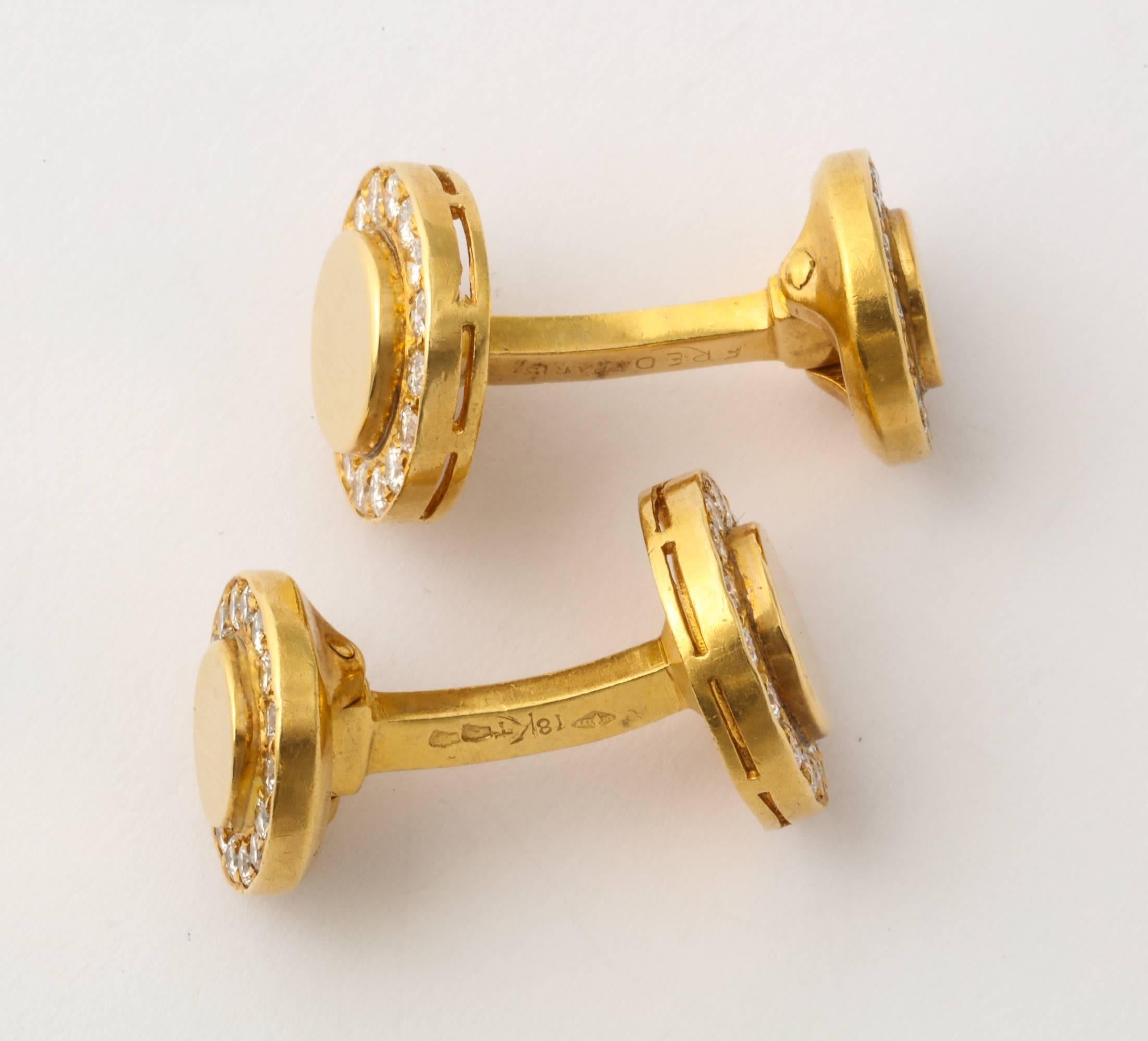 Fred Paris Diamond Gold Cufflinks In Excellent Condition In New York, NY