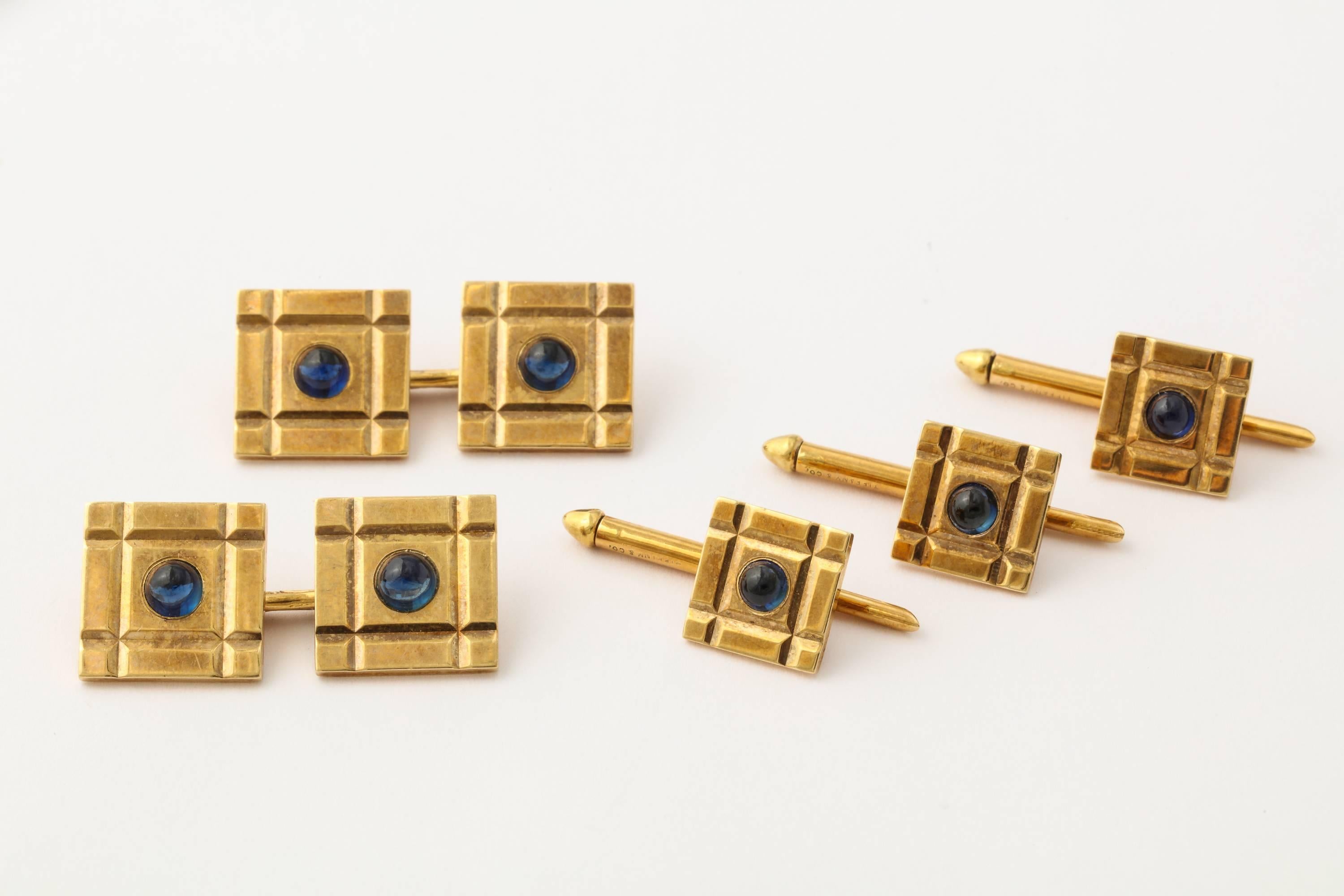 Men's 1940s Tiffany Sapphire Gold Cufflinks and Studs Formal Set For Sale