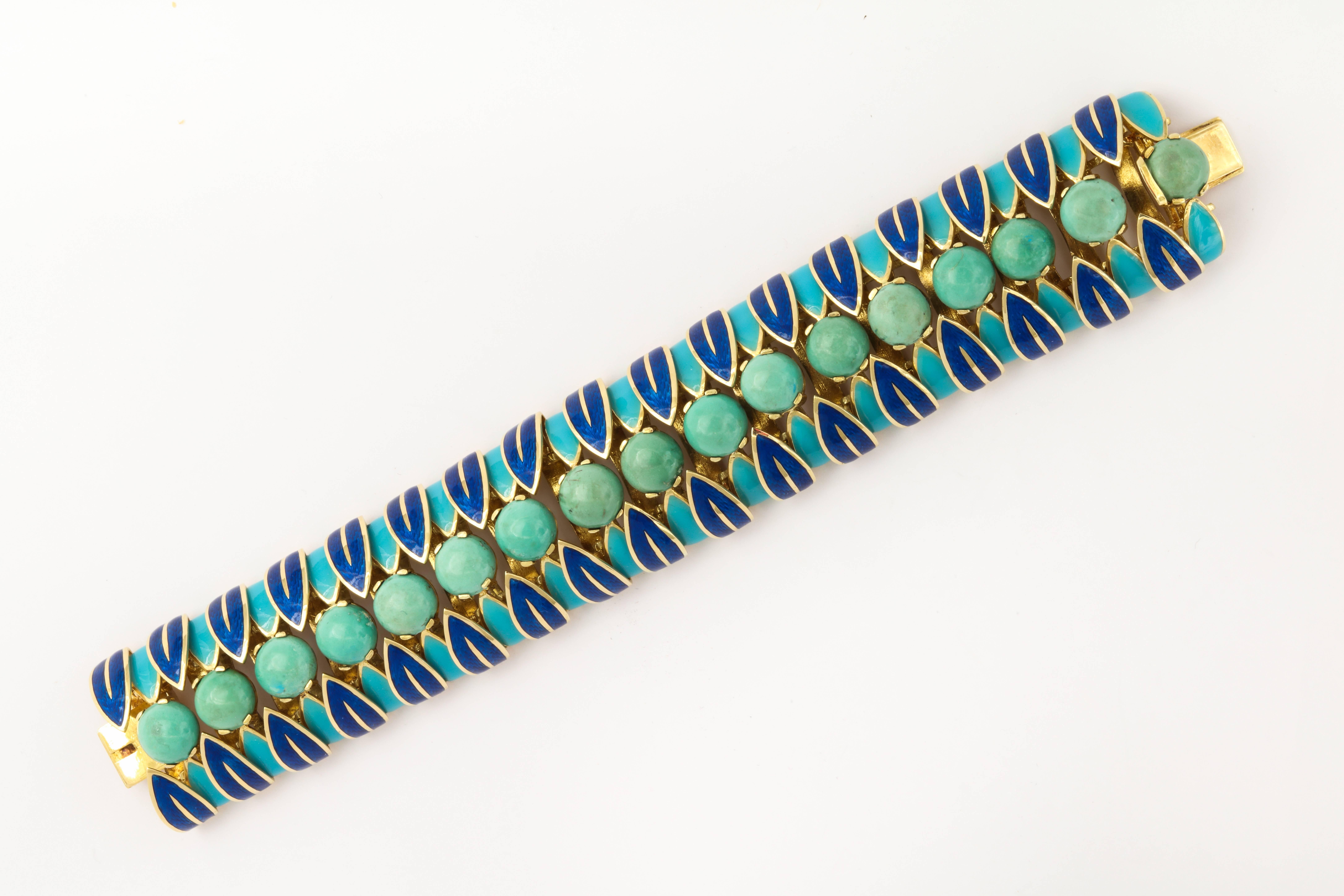 1960s Cabochon Turquoise Enameled Gold Bracelet In Excellent Condition In New York, NY