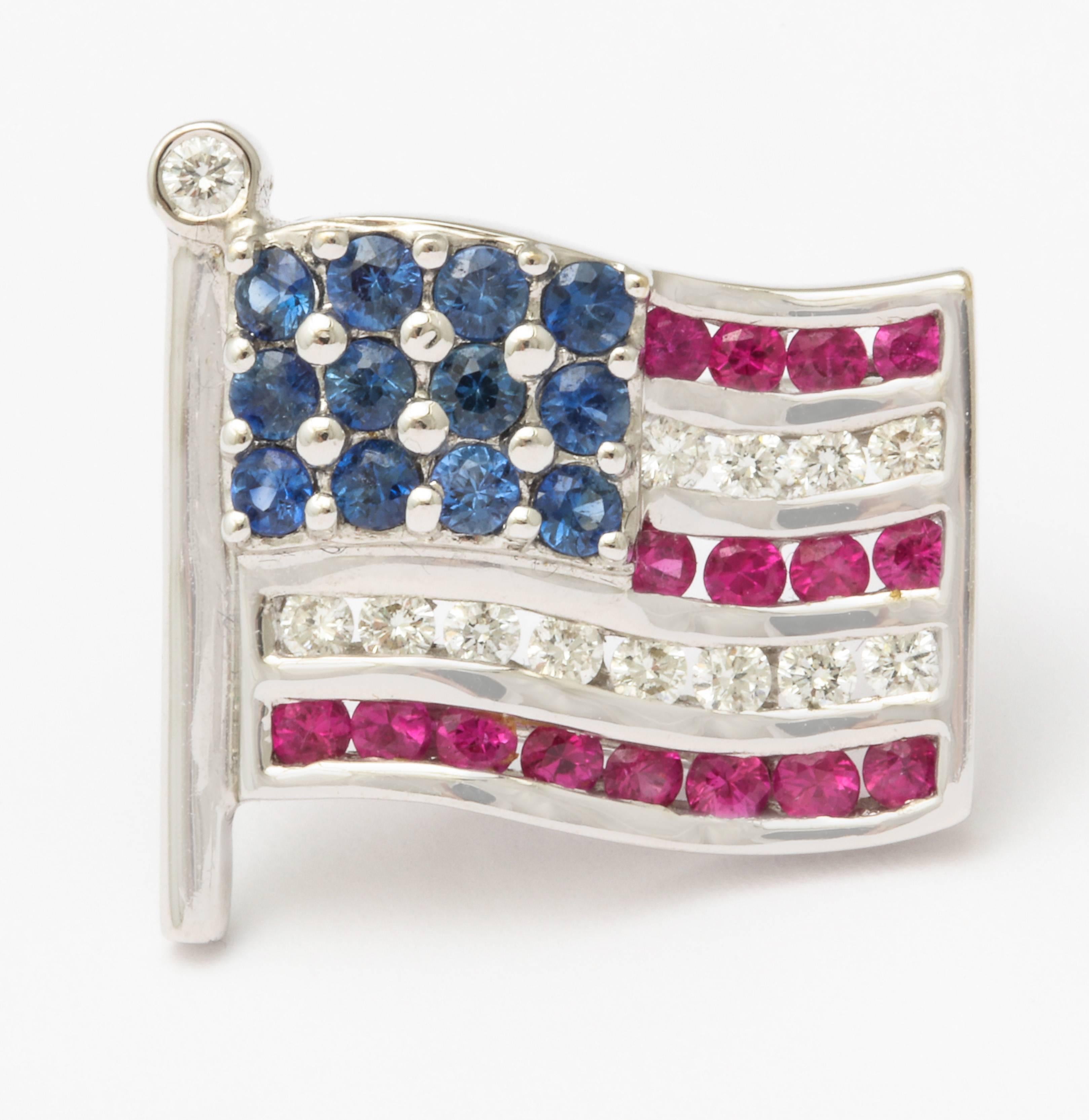 Diamond Sapphire Ruby American Flag Lapel Pin In Excellent Condition In New York, NY