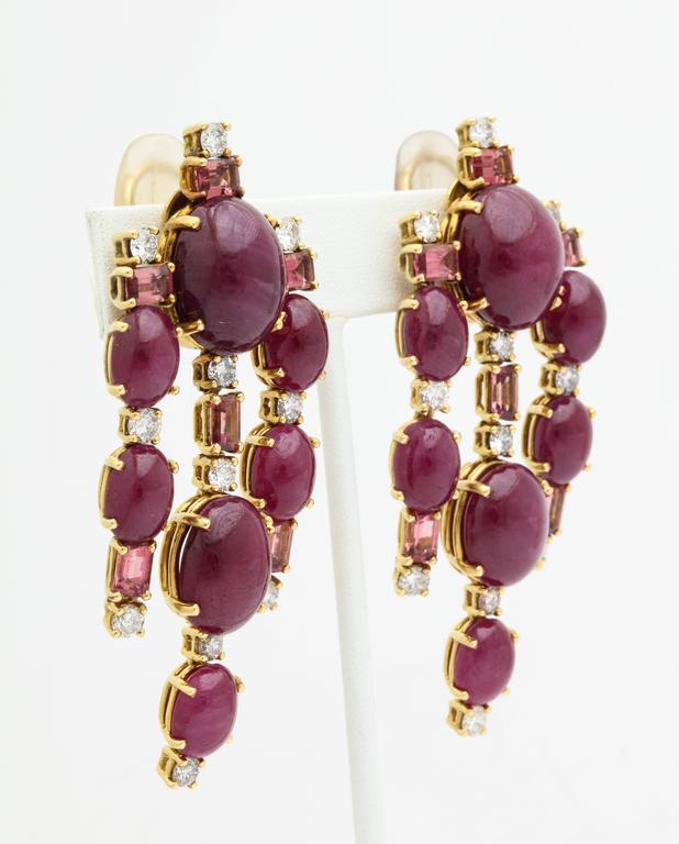 Tony Duquette Ruby Diamond Pink Tourmaline Drop Earrings At 1stdibs Dramatic Tony Duquette Drop Earrings Of 18k Gold Set With Large Cabochon Rubies Diamonds And