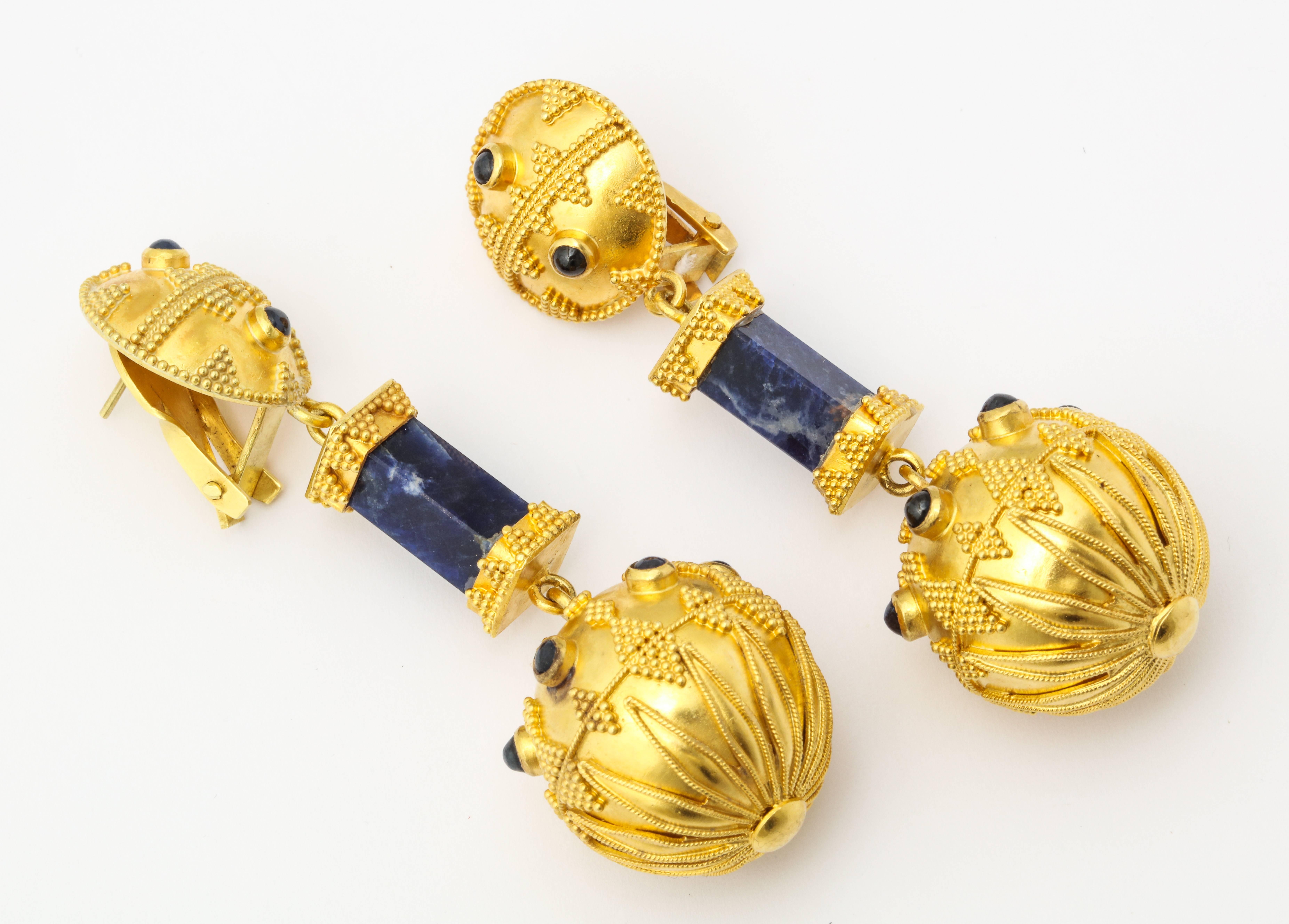 Classical Greek Lapis Granulated Gold Ball Earrings For Sale 2