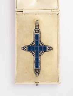 Edwardian Paste and Blue Crystal Silver Cross in Box