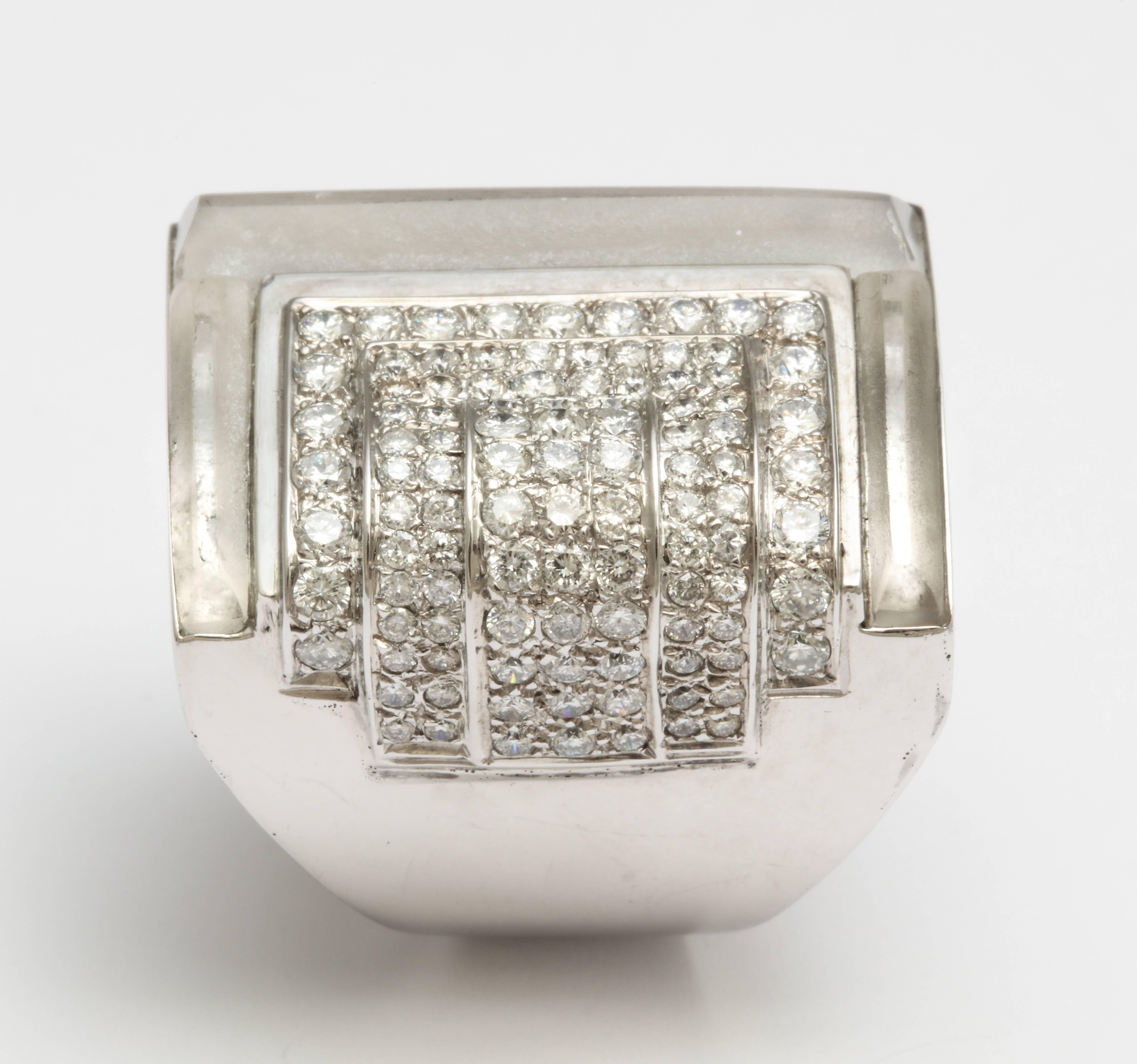 Diamond Frosted Carved Rock Crystal Ring For Sale 1