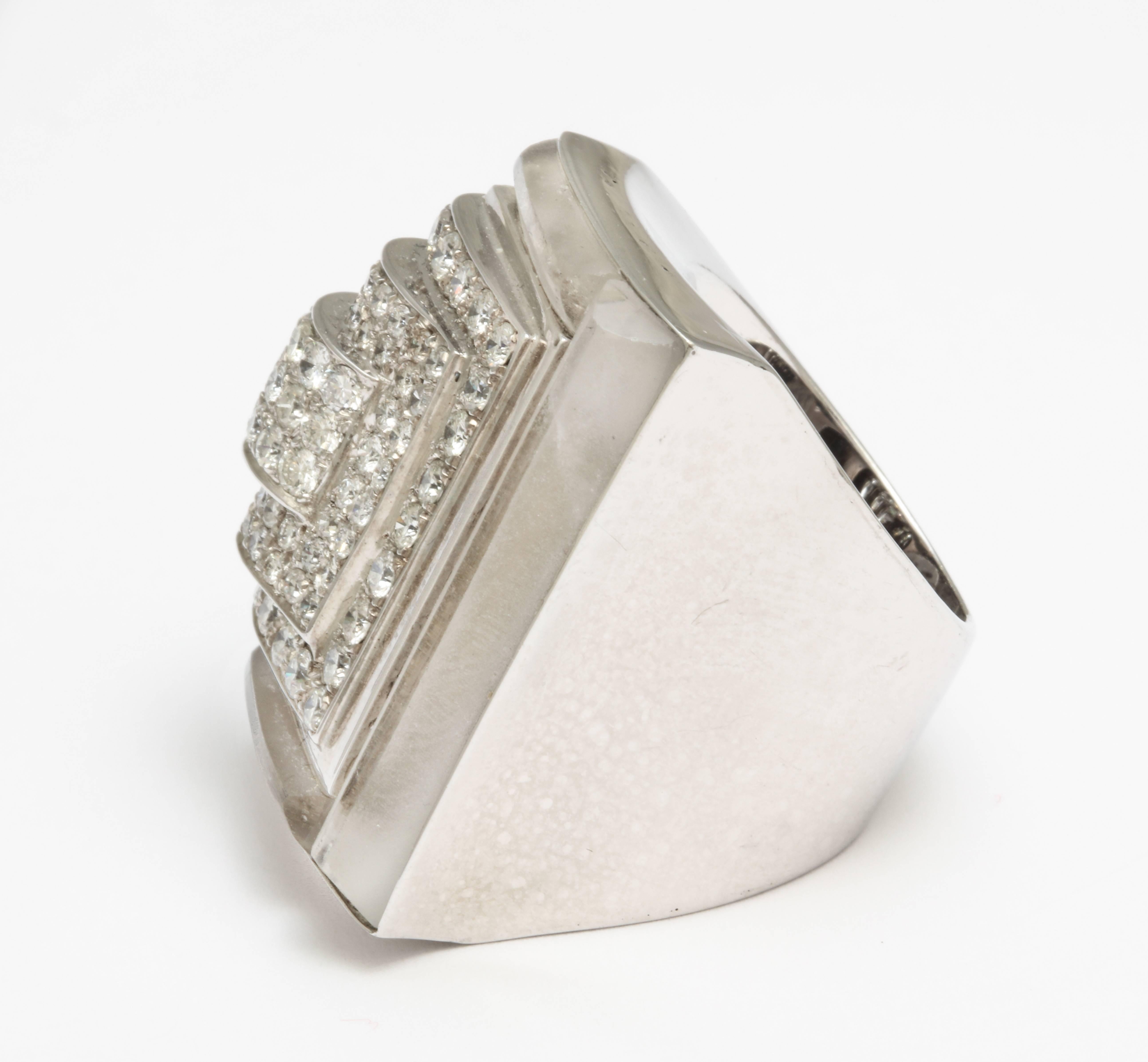 Art Deco Diamond Frosted Carved Rock Crystal Ring For Sale