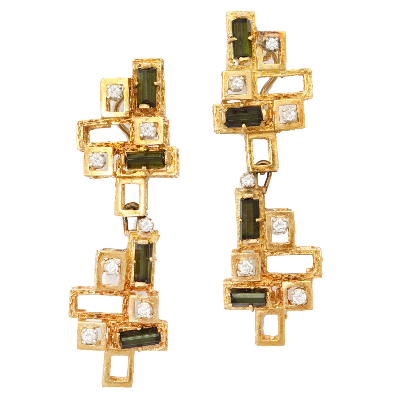 Pendientes largos modernistas Chantecler de oro con diamantes y turmalina de los años 60 en venta