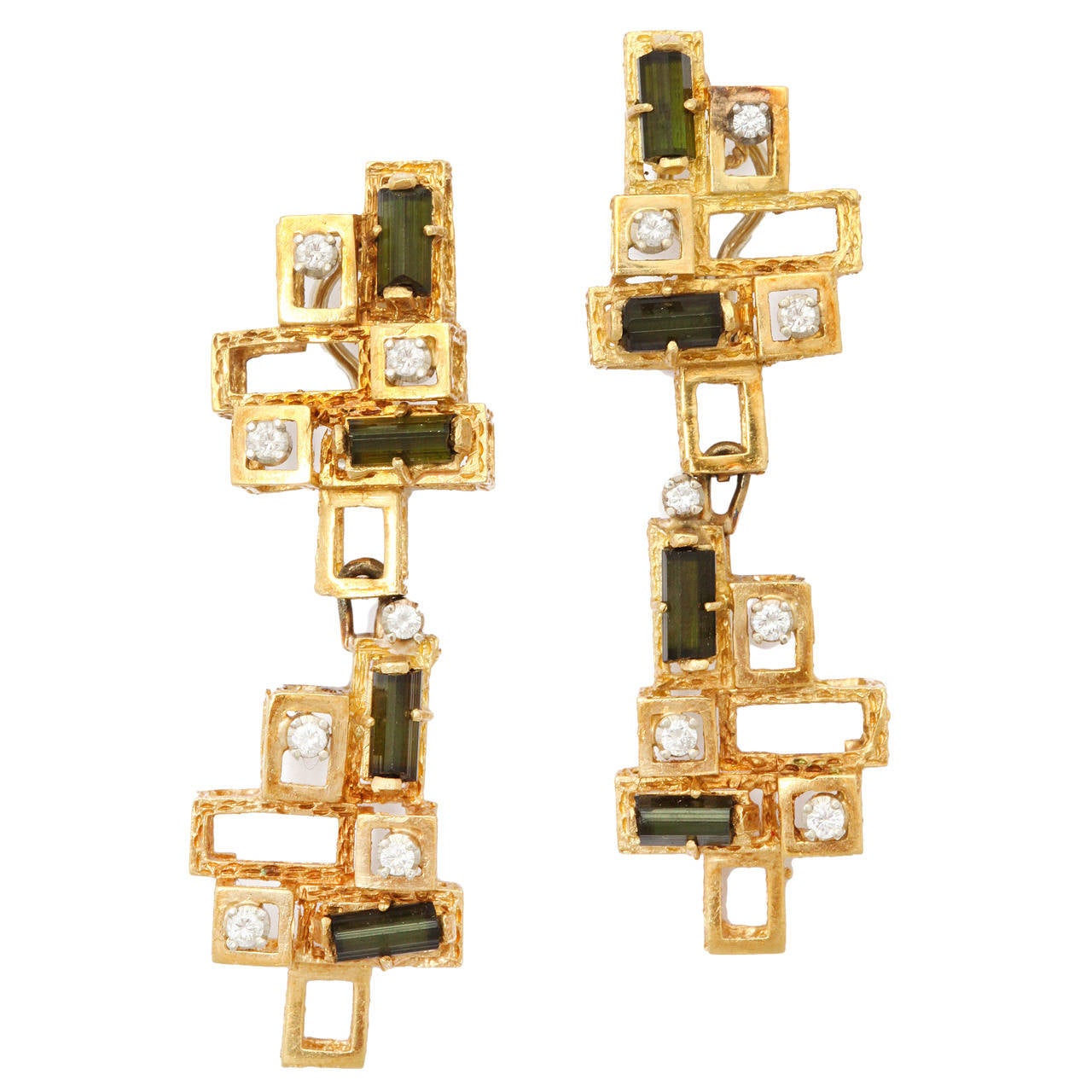 1960s Chantecler Long Modernist Diamond Tourmaline Gold Earrings