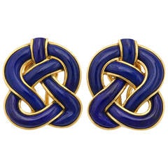 1989 Tiffany & Co. Angela Cummings Lapis Gold Braided Knot Ear Clips