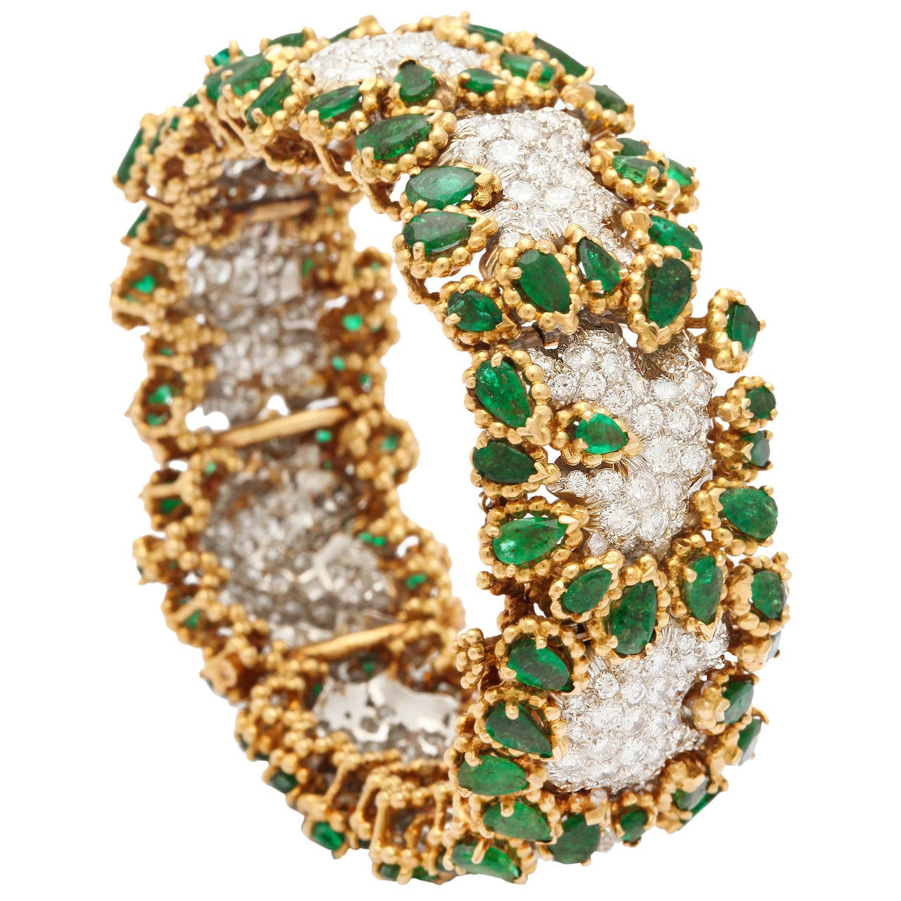 1960s Wander Paris Diamond Emerald Gold Bangle Bracelet