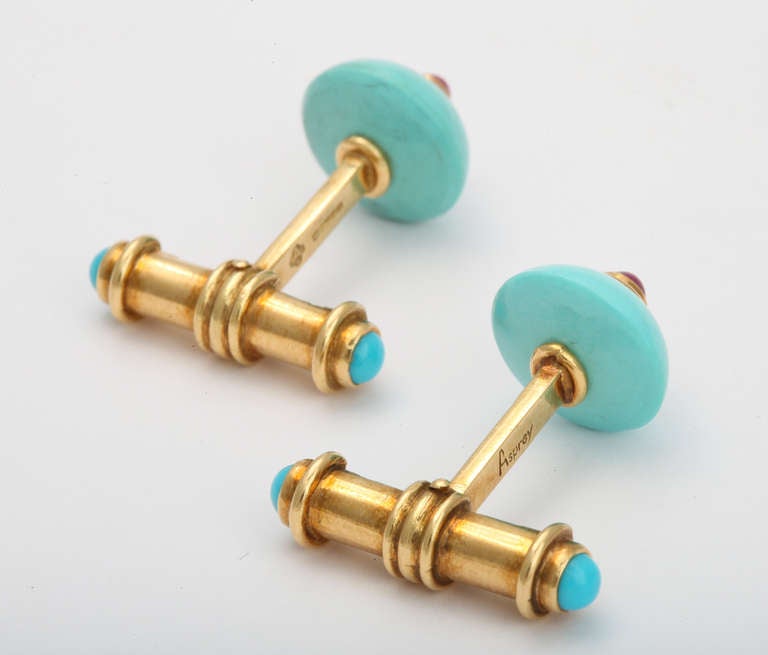 Asprey 1990s Turquoise Ruby Gold Cufflinks In Excellent Condition In New York, NY