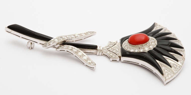 1970s Egyptian Revival  Coral Black Jade Diamond Gold Lotus Brooch In Excellent Condition In New York, NY