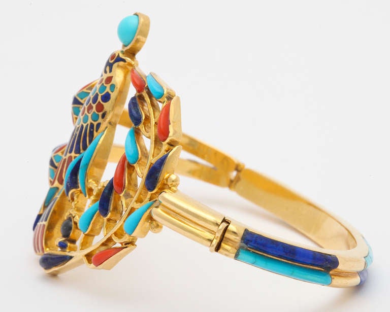 1972  Egyptian Revival Tutankhamun Coral Lapis Turquoise Gold Bracelet 3