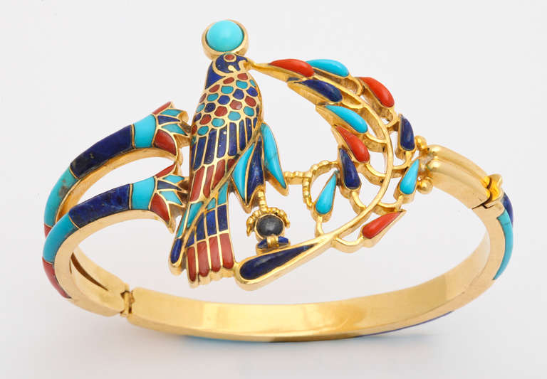 1972  Egyptian Revival Tutankhamun Coral Lapis Turquoise Gold Bracelet 1