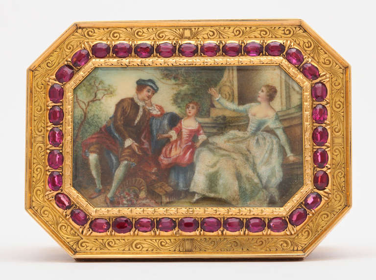 Women's or Men's Engraved Gold Box with Miniature Painting and Amethyst Detail