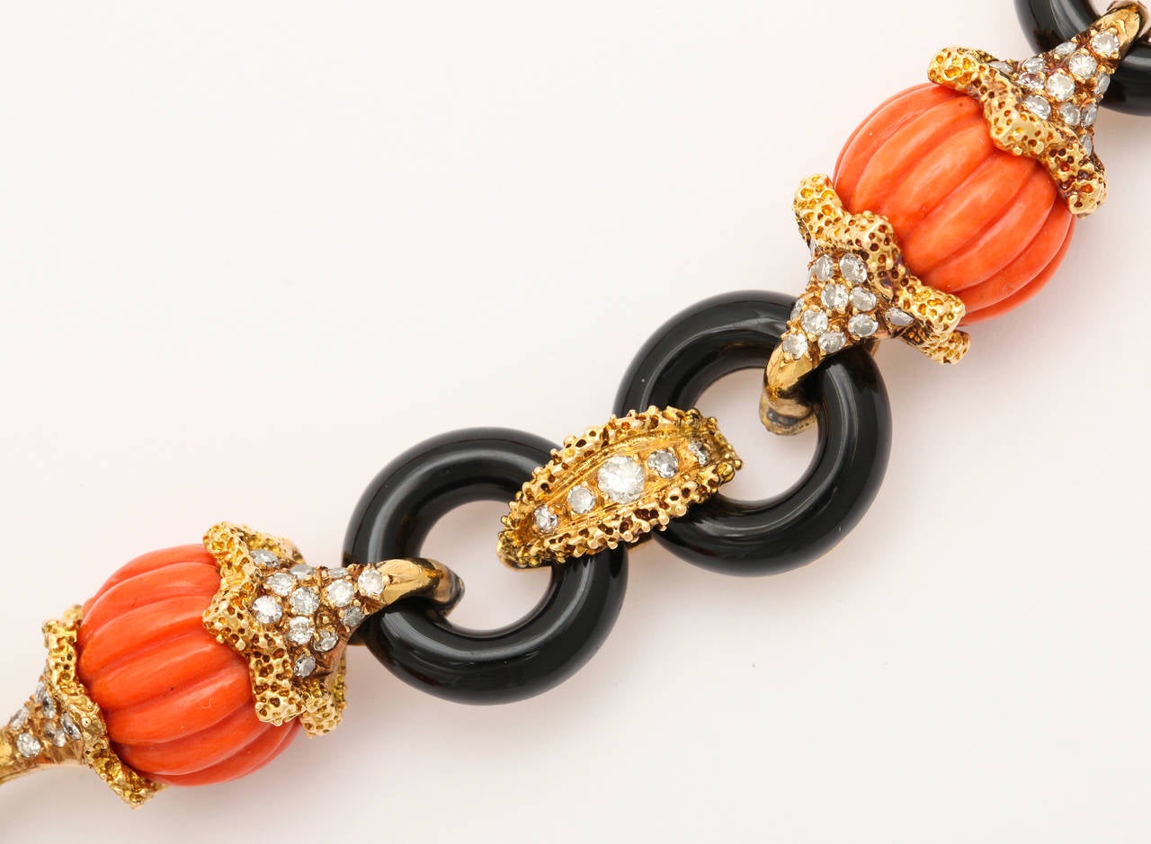 1970s Carved Black and Orange Coral Diamond Gold Drop Necklace 2