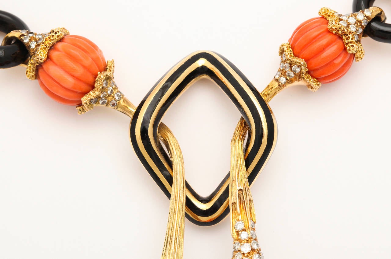1970s Carved Black and Orange Coral Diamond Gold Drop Necklace 1