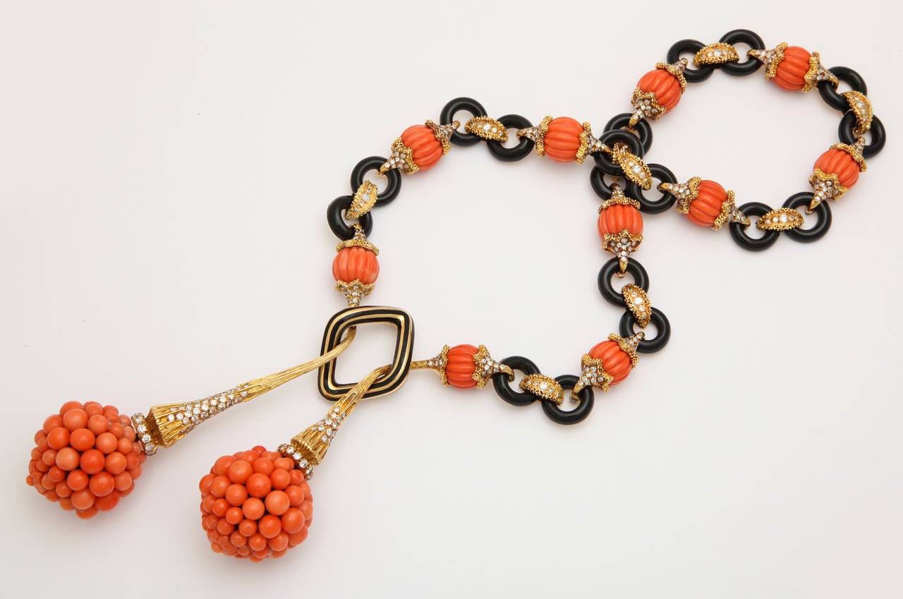 Women's 1970s Carved Black and Orange Coral Diamond Gold Drop Necklace