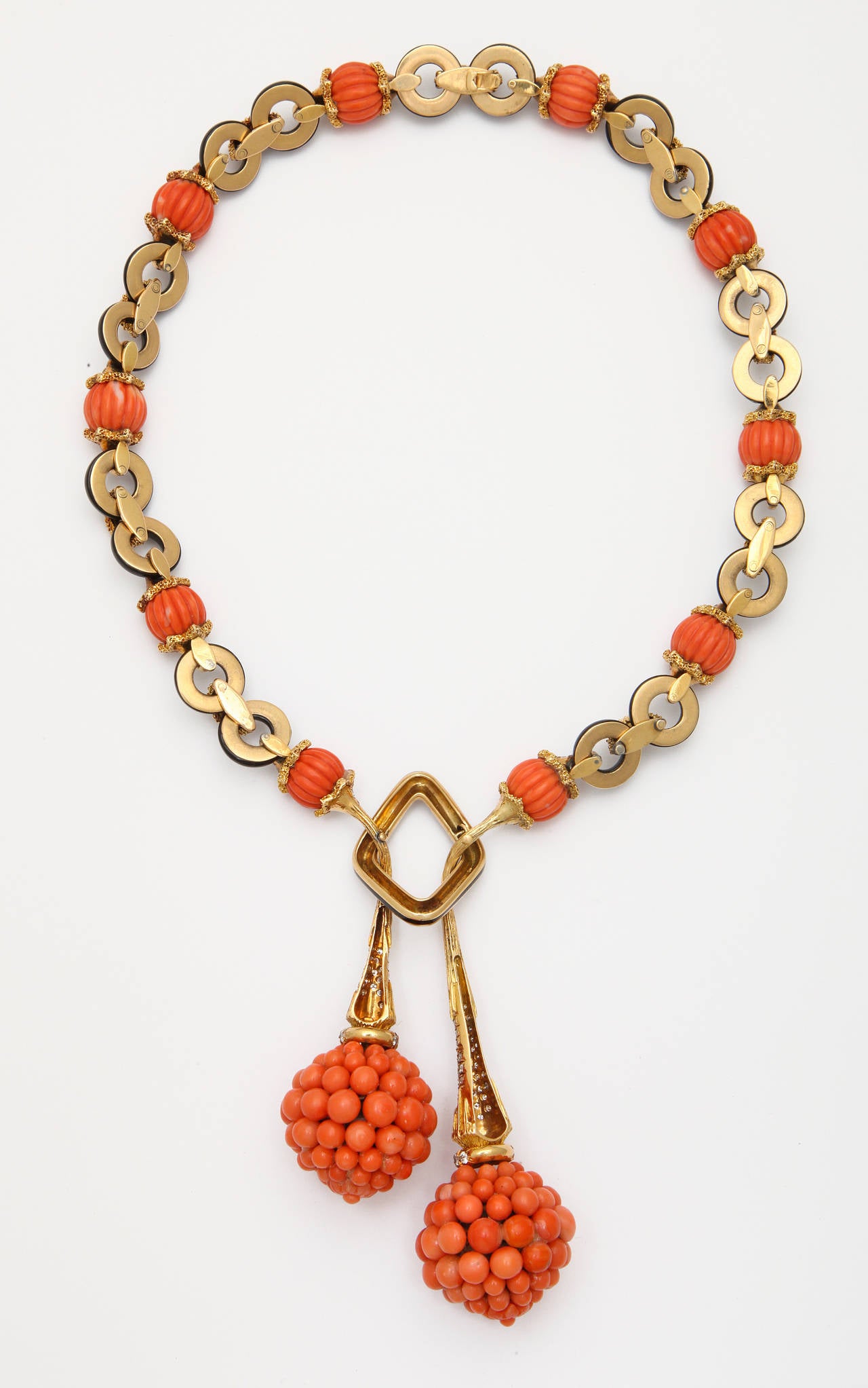 1970s Carved Black and Orange Coral Diamond Gold Drop Necklace In Excellent Condition In New York, NY