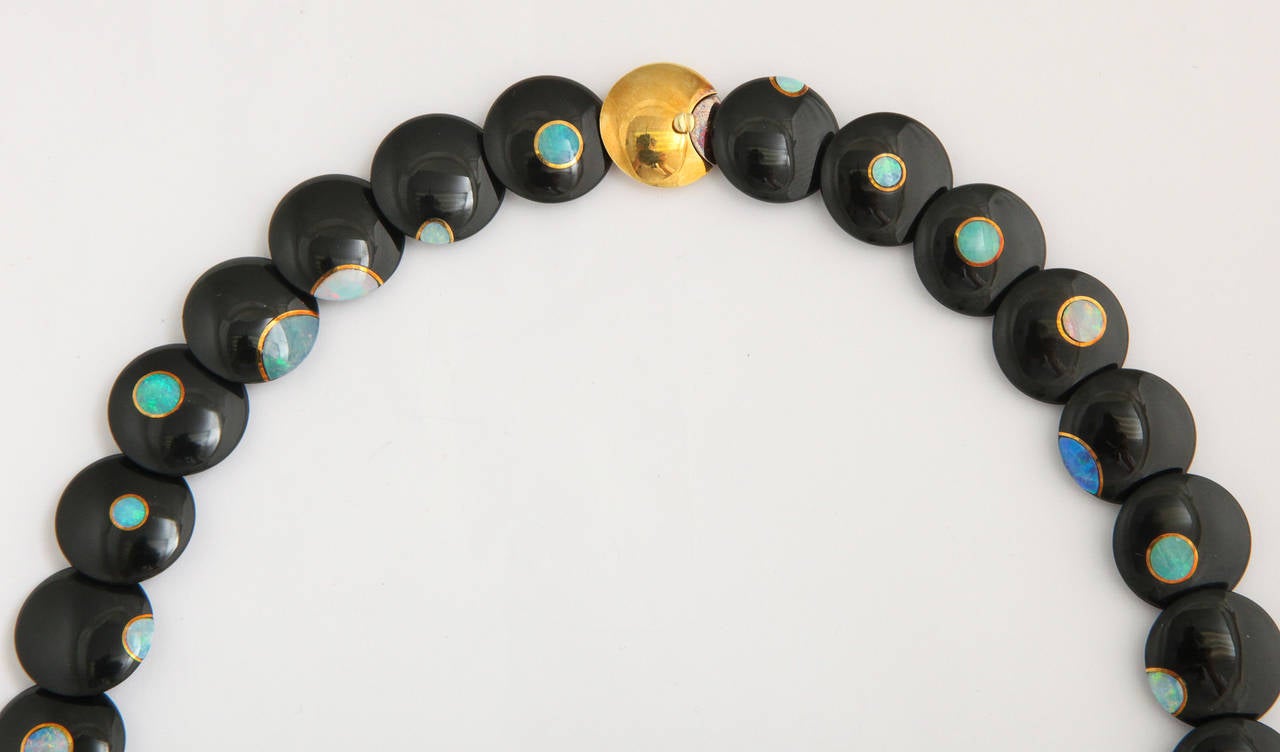1970s Tiffany & Co. Carved Black Jade Inlaid Opal Gold Necklace 2