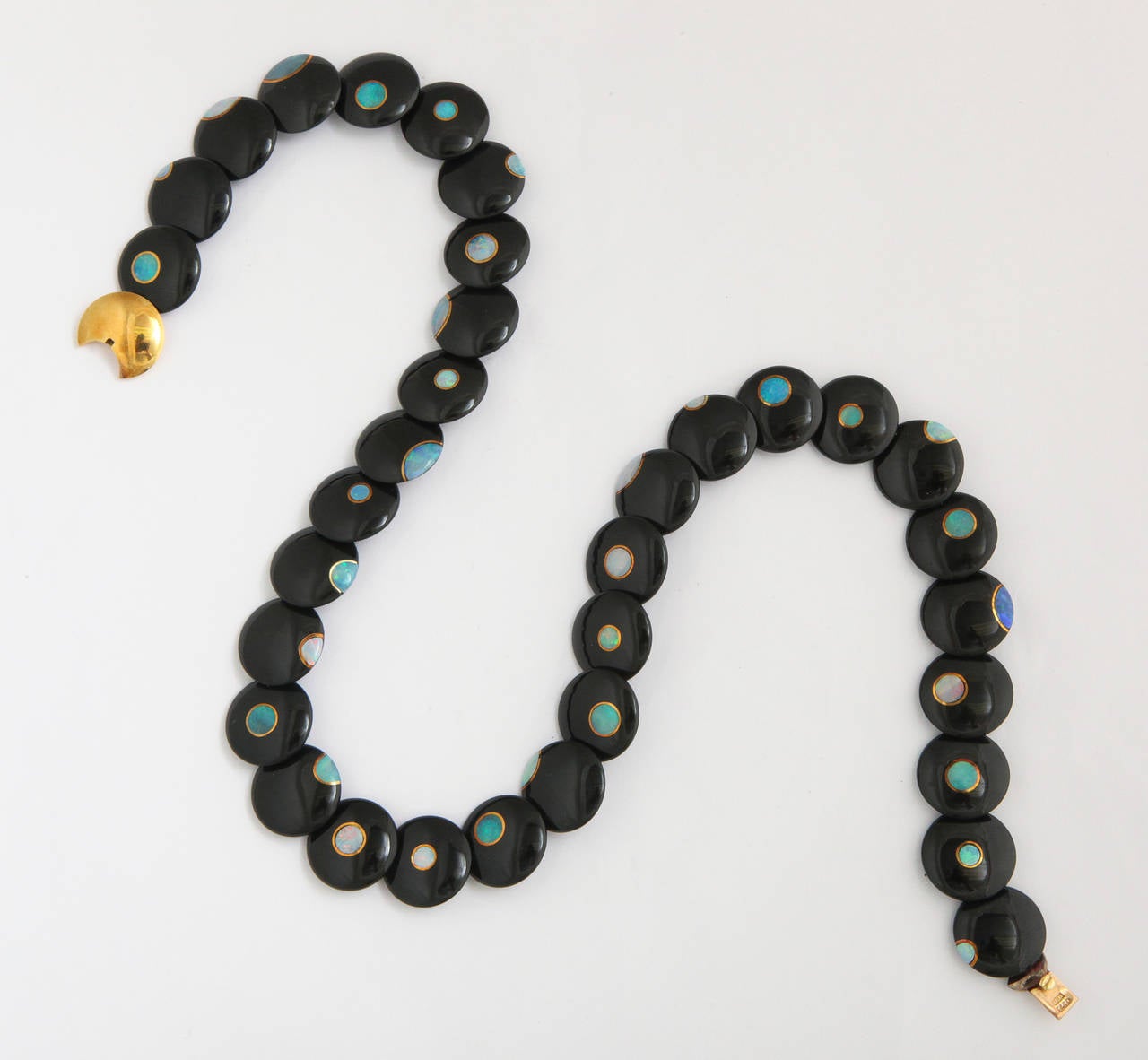 1970s Tiffany & Co. Carved Black Jade Inlaid Opal Gold Necklace 1
