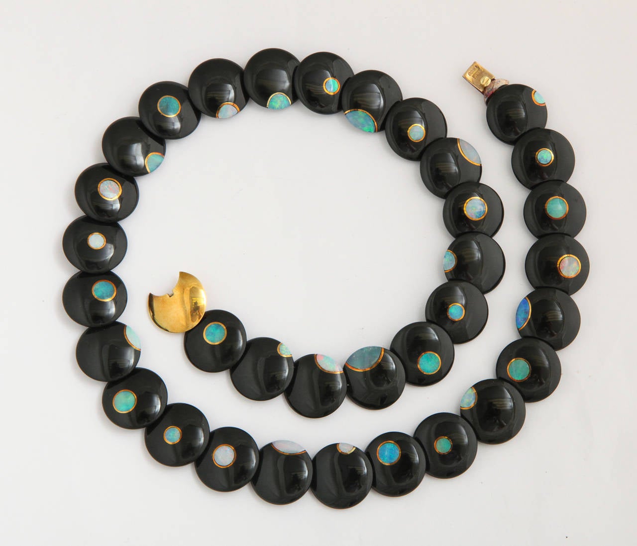 Women's 1970s Tiffany & Co. Carved Black Jade Inlaid Opal Gold Necklace