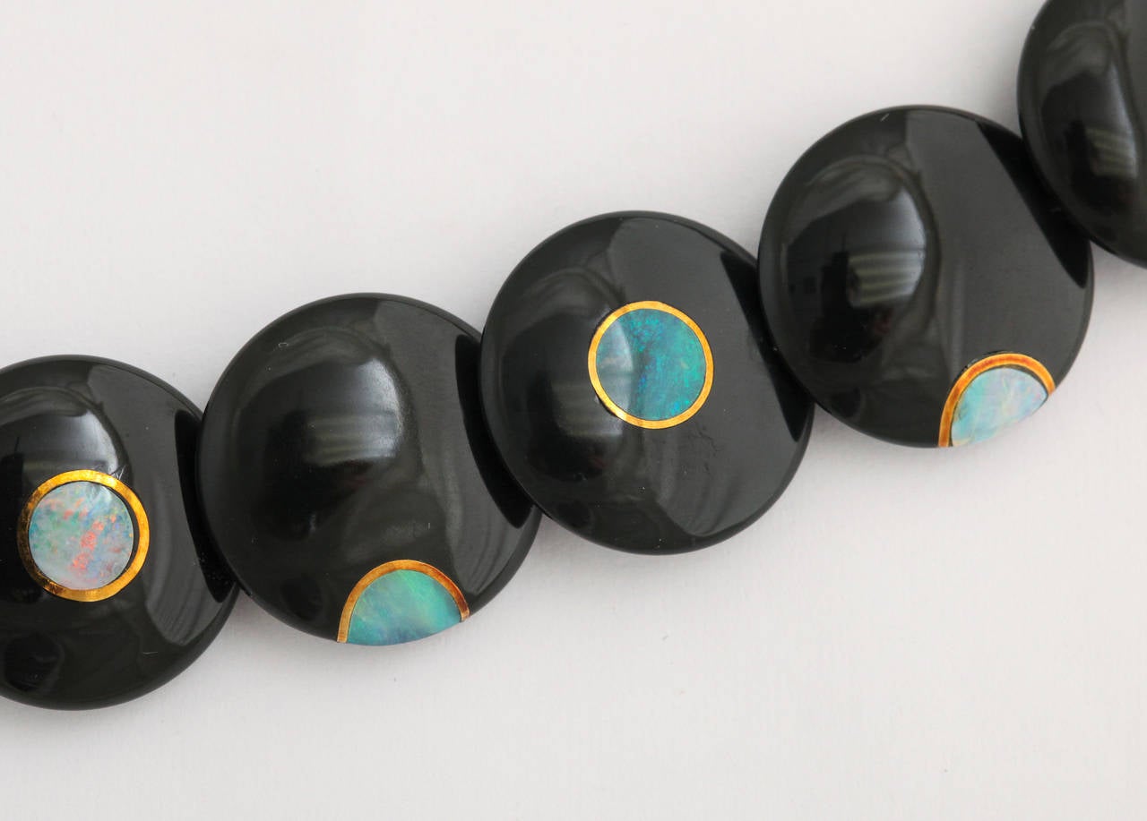 1970s Tiffany & Co. Carved Black Jade Inlaid Opal Gold Necklace In Excellent Condition In New York, NY