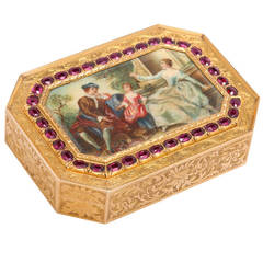 Vintage Engraved Gold Box with Miniature Painting and Amethyst Detail