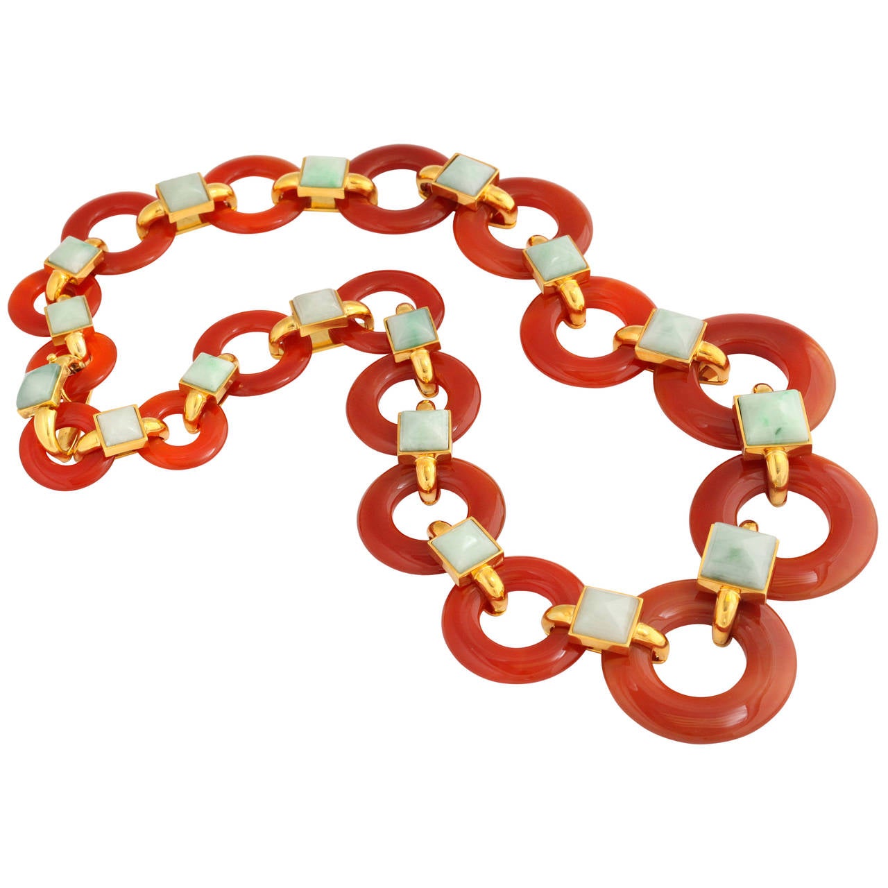 1970s Aldo Cipullo Carved Carnelian Jade Gold Link Necklace