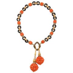 1970s Carved Black and Orange Coral Diamond Gold Drop Necklace