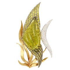 Green Tourmaline Diamond Gold Angelfish Brooch