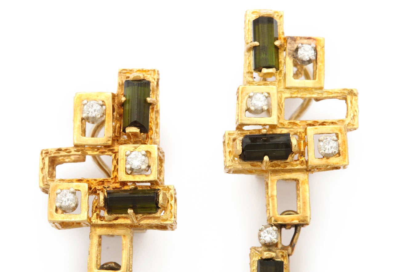 Baguette Cut 1960s Chantecler Long Modernist Diamond Tourmaline Gold Earrings For Sale