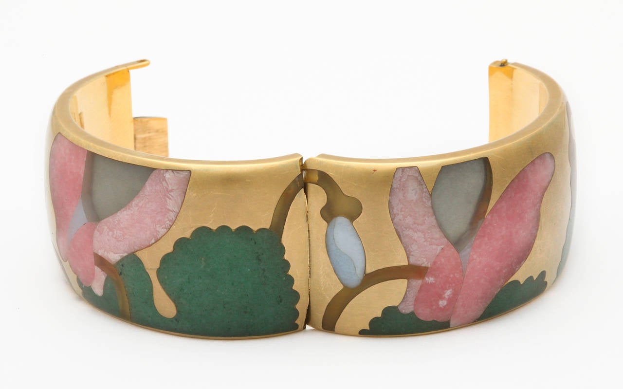 1980s Angela Cummings Tiffany Carved Stone Inlaid Gold Bracelet 2