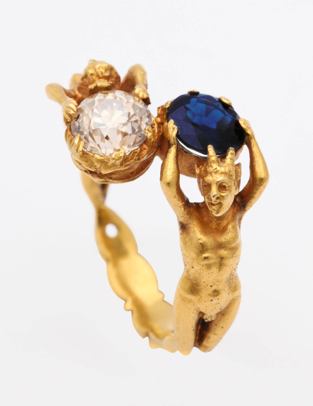 Women's Art Nouveau Sapphire Diamond Gold Figural Ring