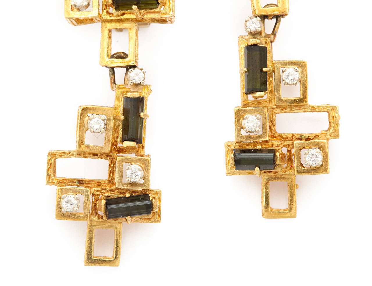 1960s Chantecler Long Modernist Diamond Tourmaline Gold Earrings In Excellent Condition For Sale In New York, NY