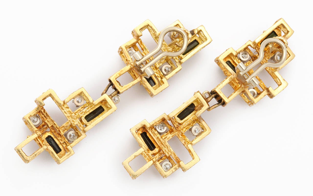 Women's 1960s Chantecler Long Modernist Diamond Tourmaline Gold Earrings For Sale