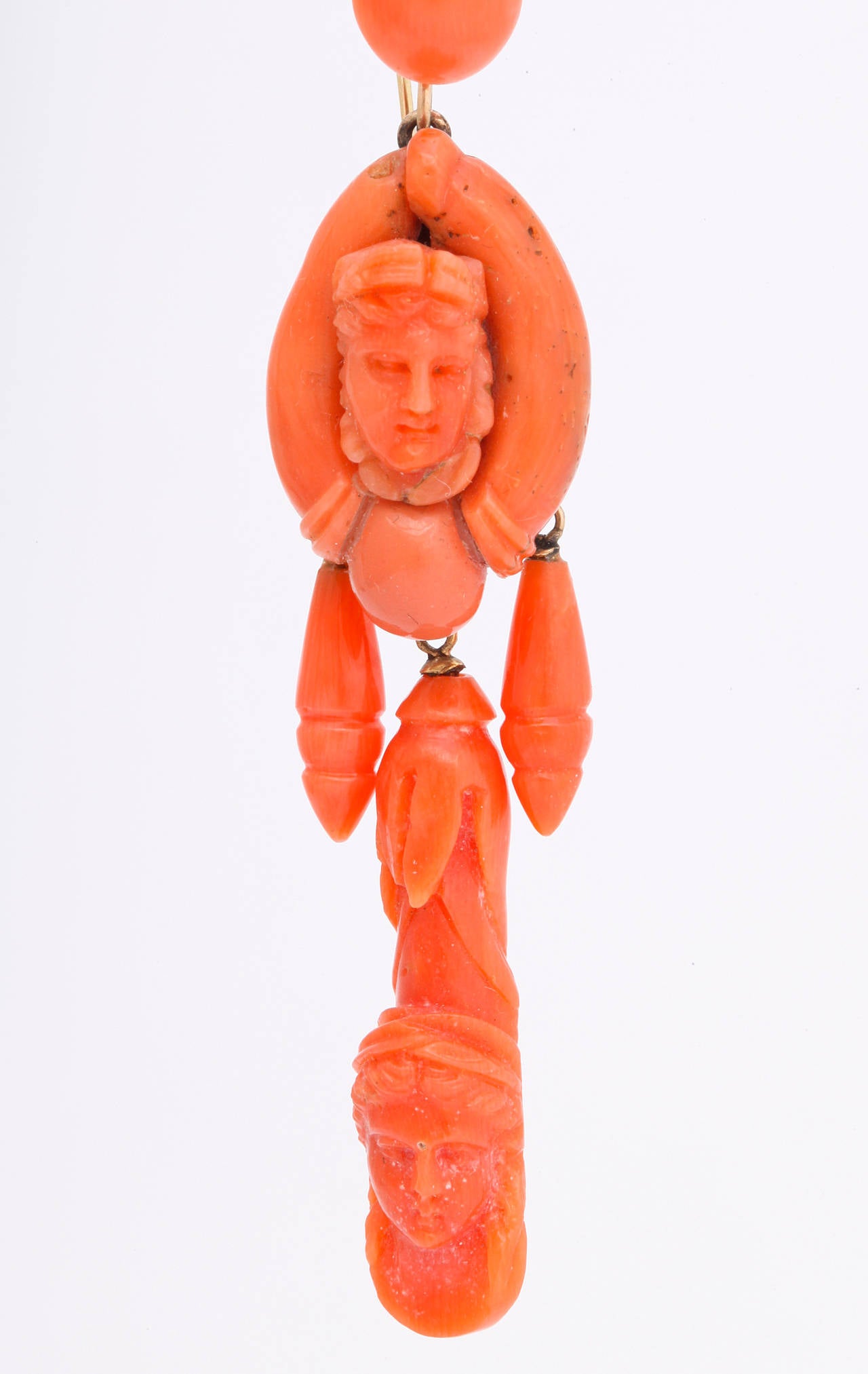 Victorian Carved Classical Neapolitan Coral Earrings In Excellent Condition In New York, NY