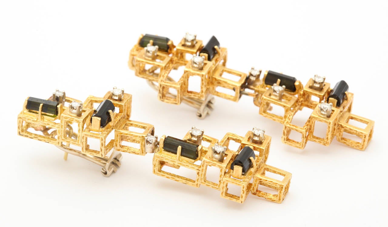 1960s Chantecler Long Modernist Diamond Tourmaline Gold Earrings For Sale 2