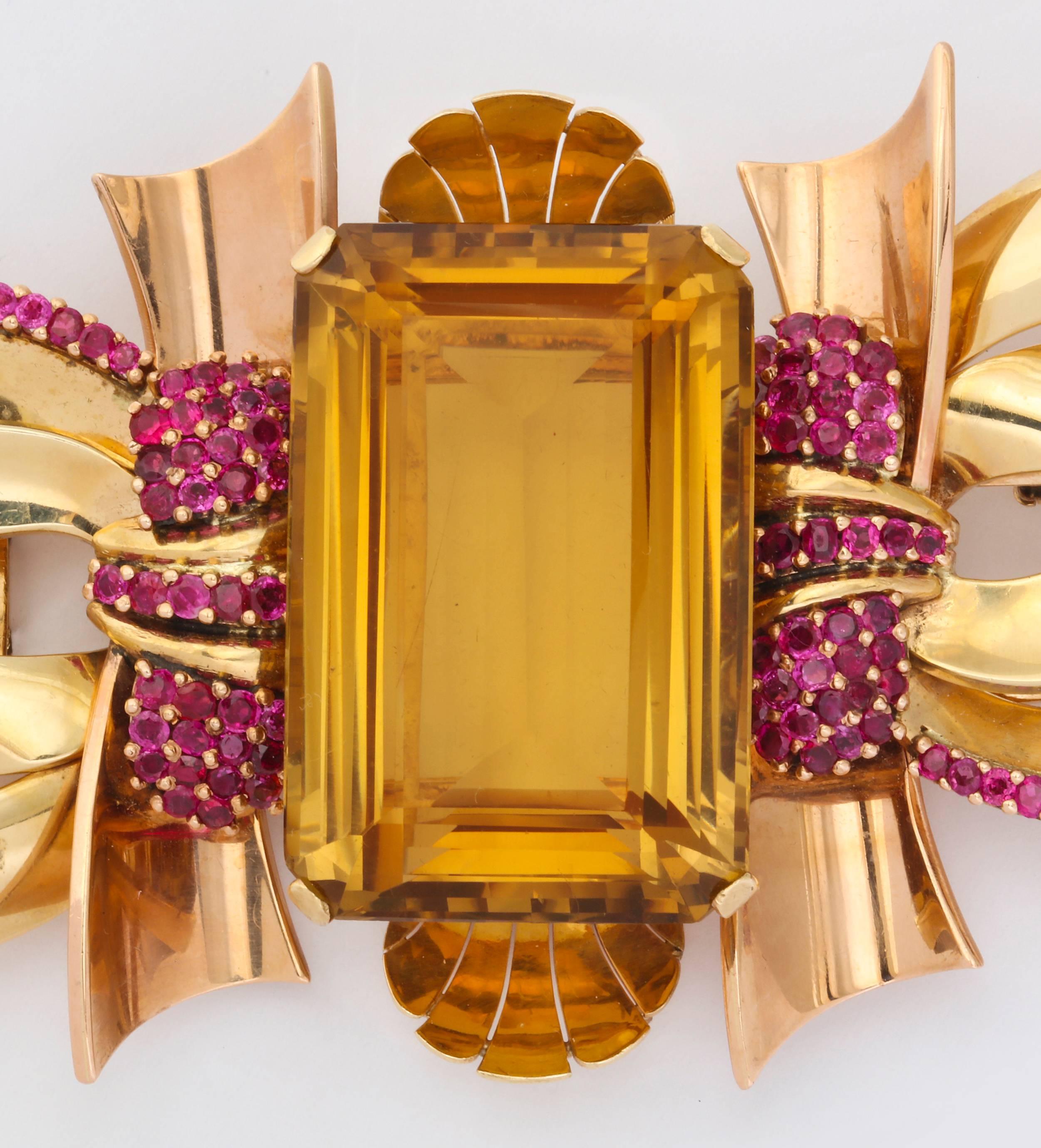 Impressive Retro Citrine Ruby Gold Brooch In Excellent Condition In New York, NY