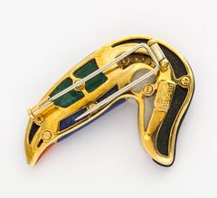 Carved Jade Coral Malachite Diamond Gold Brooch