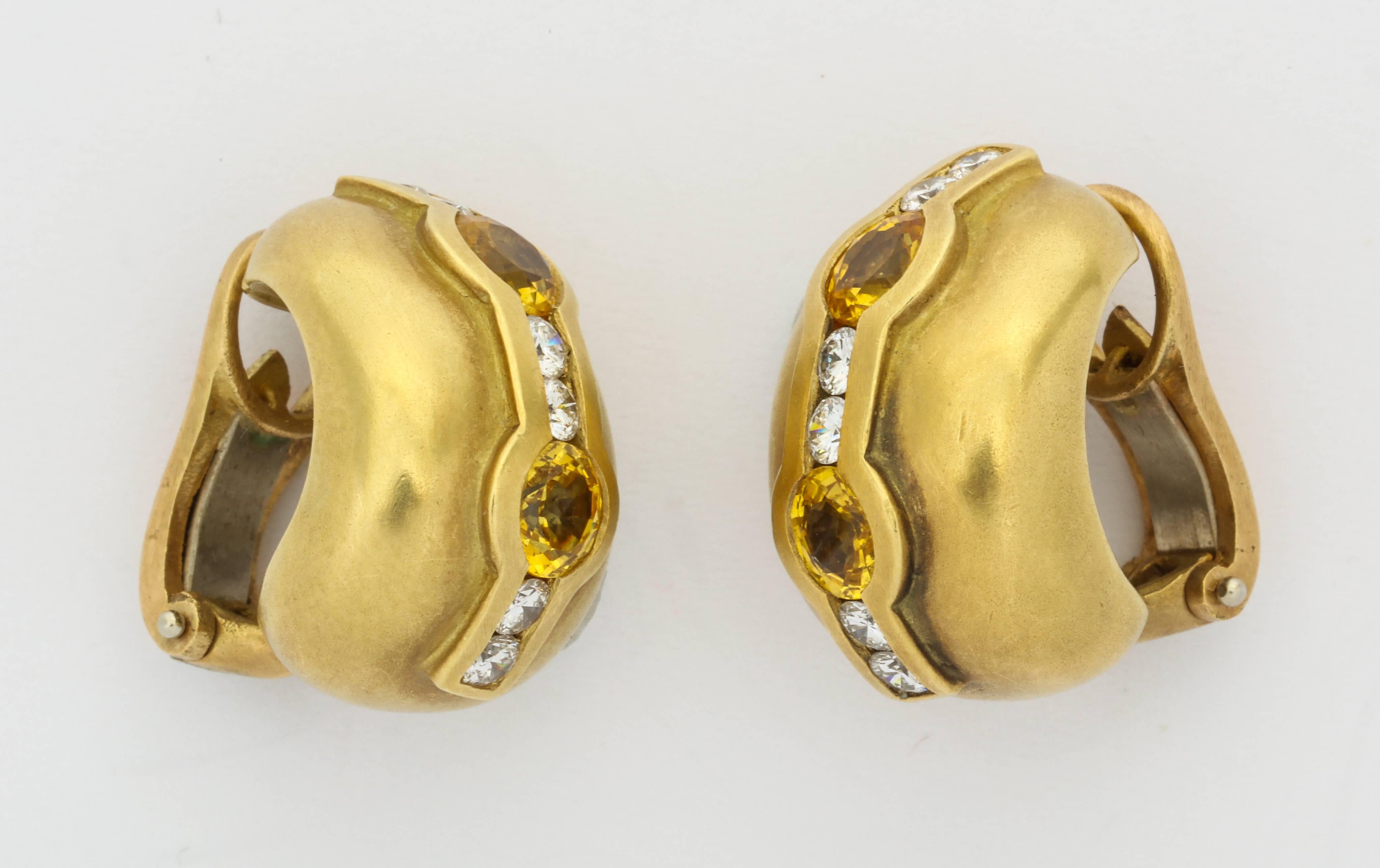 1997 Barry Kieselstein Cord Yellow and White Diamond Gold Ear Clips 1