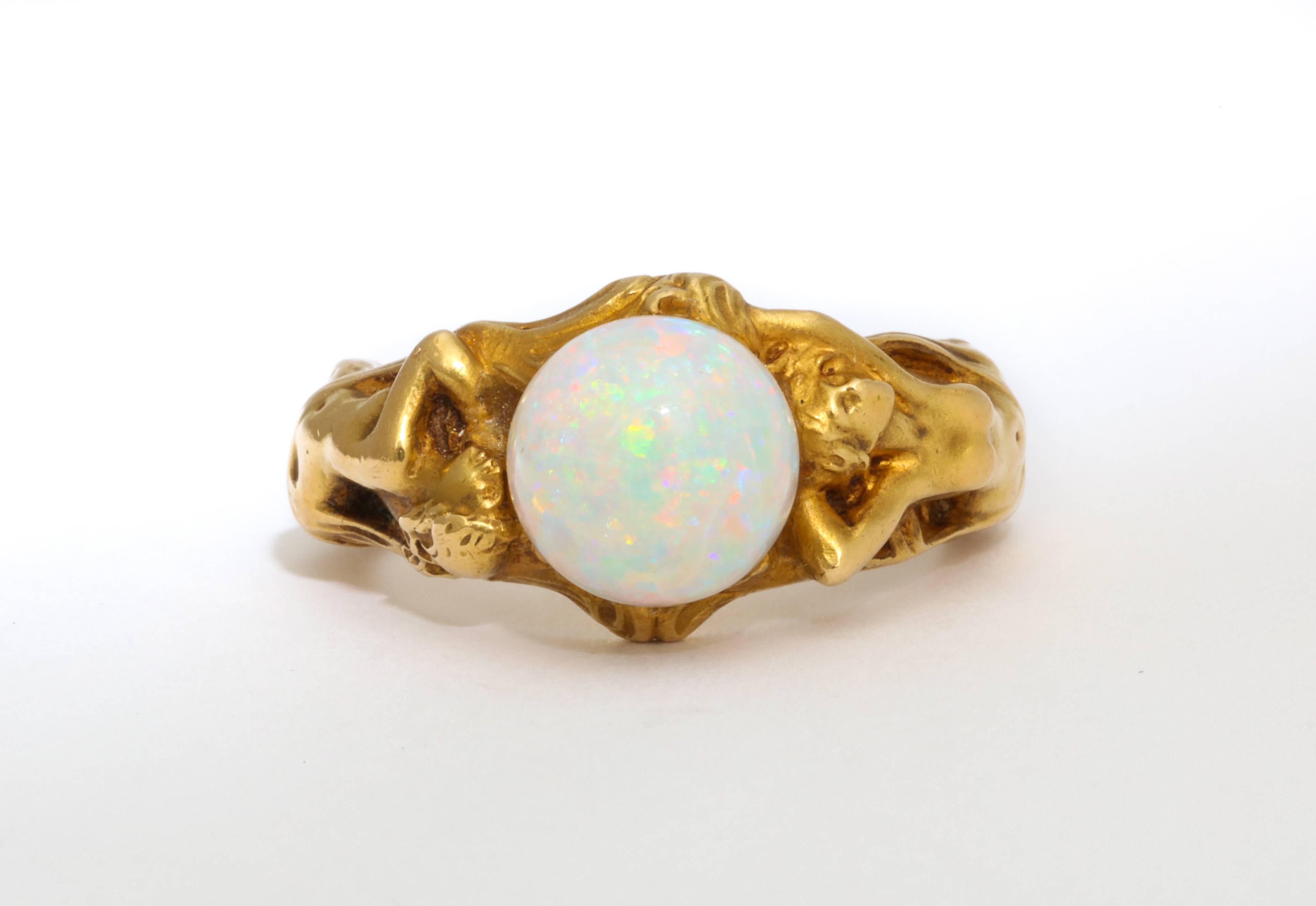Ball Cut Figural Art Nouveau Opal and Gold Ring For Sale