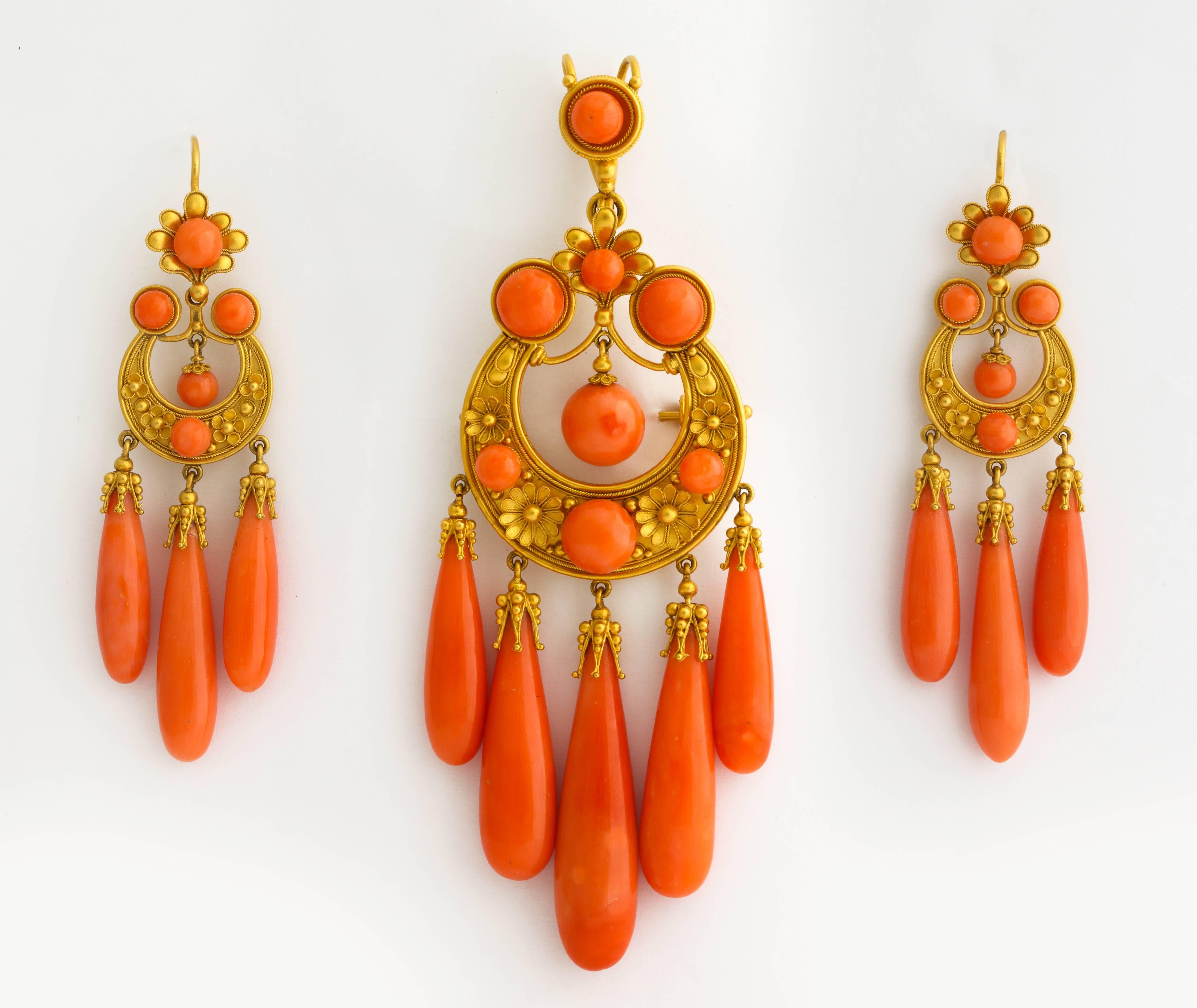 Etruscan Revival 1850s Carved Coral and Gold Pendant Brooch and Earrings Suite For Sale