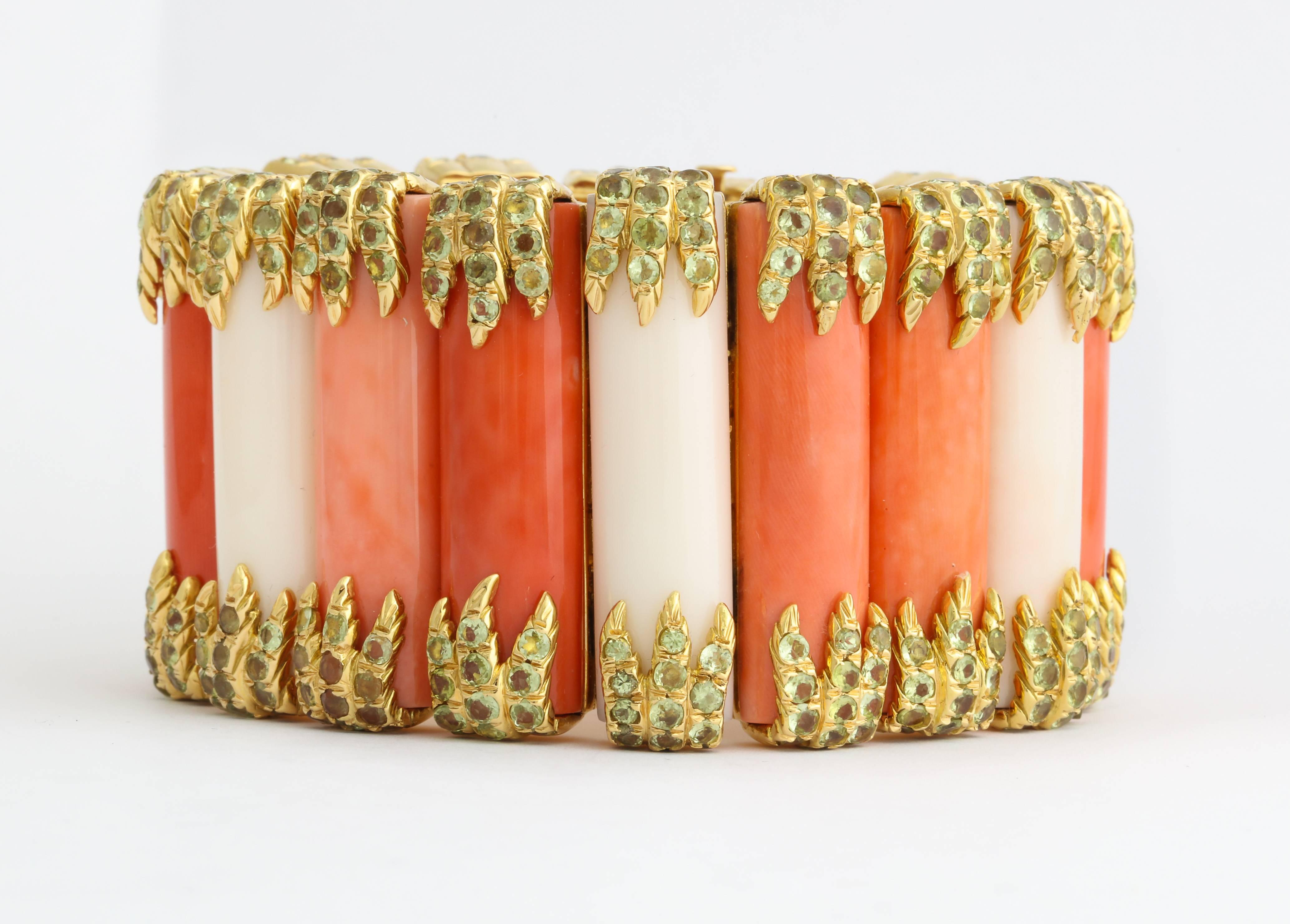 Tony Duquette Mixed Coral Peridot Gold Bracelet One of a Kind In Excellent Condition In New York, NY