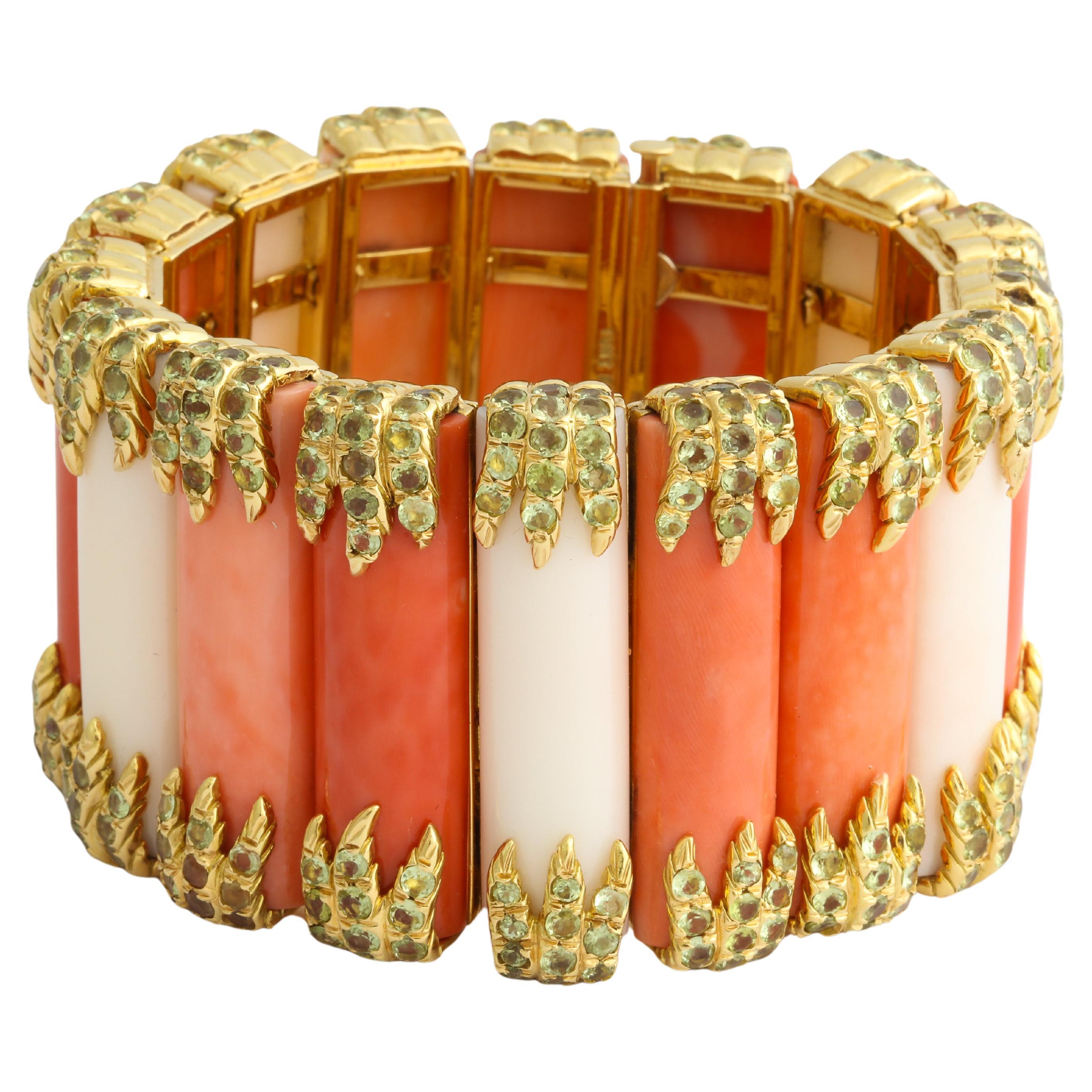Tony Duquette Mixed Coral Peridot Gold Bracelet One of a Kind