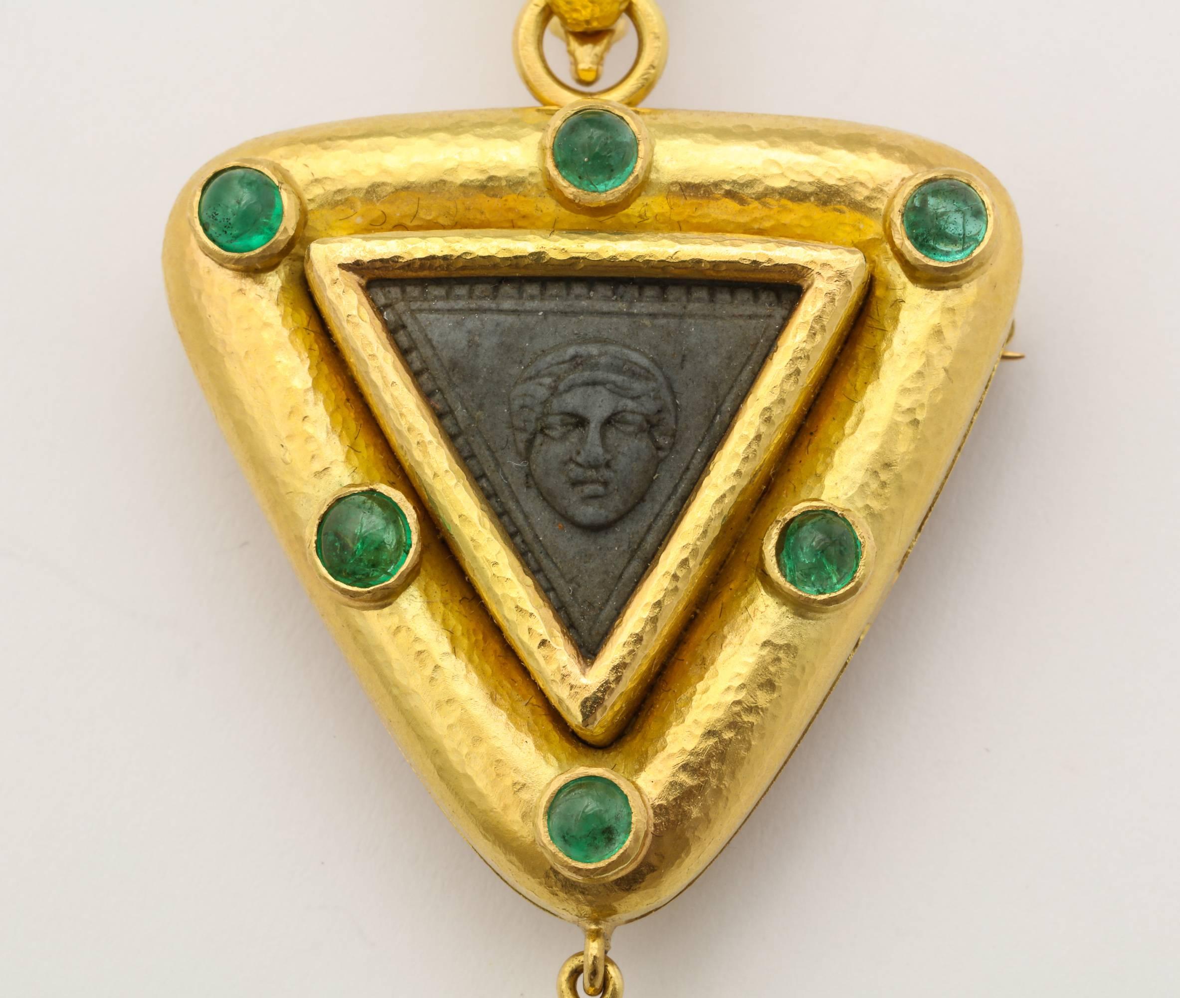 Elizabeth Locke Carved Lava Emerald Gold Pendant Brooch 1