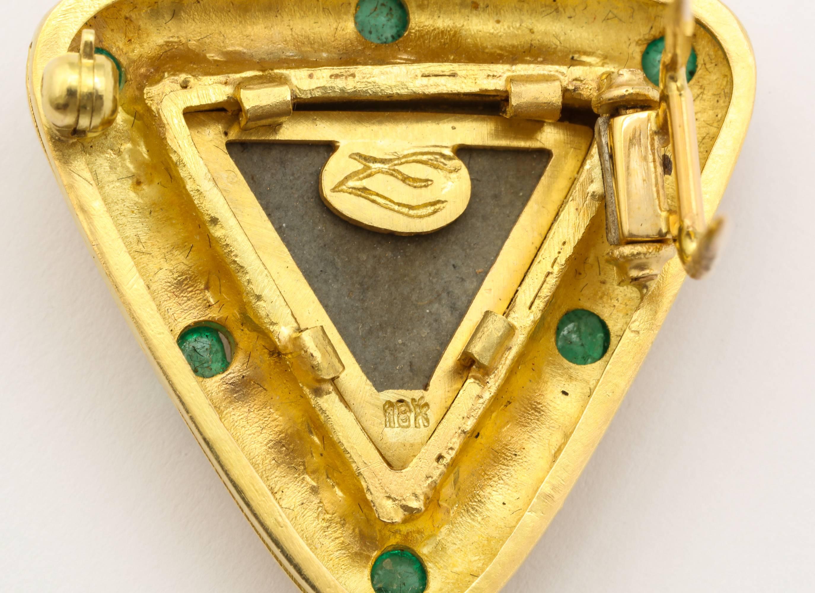 Elizabeth Locke Carved Lava Emerald Gold Pendant Brooch 2