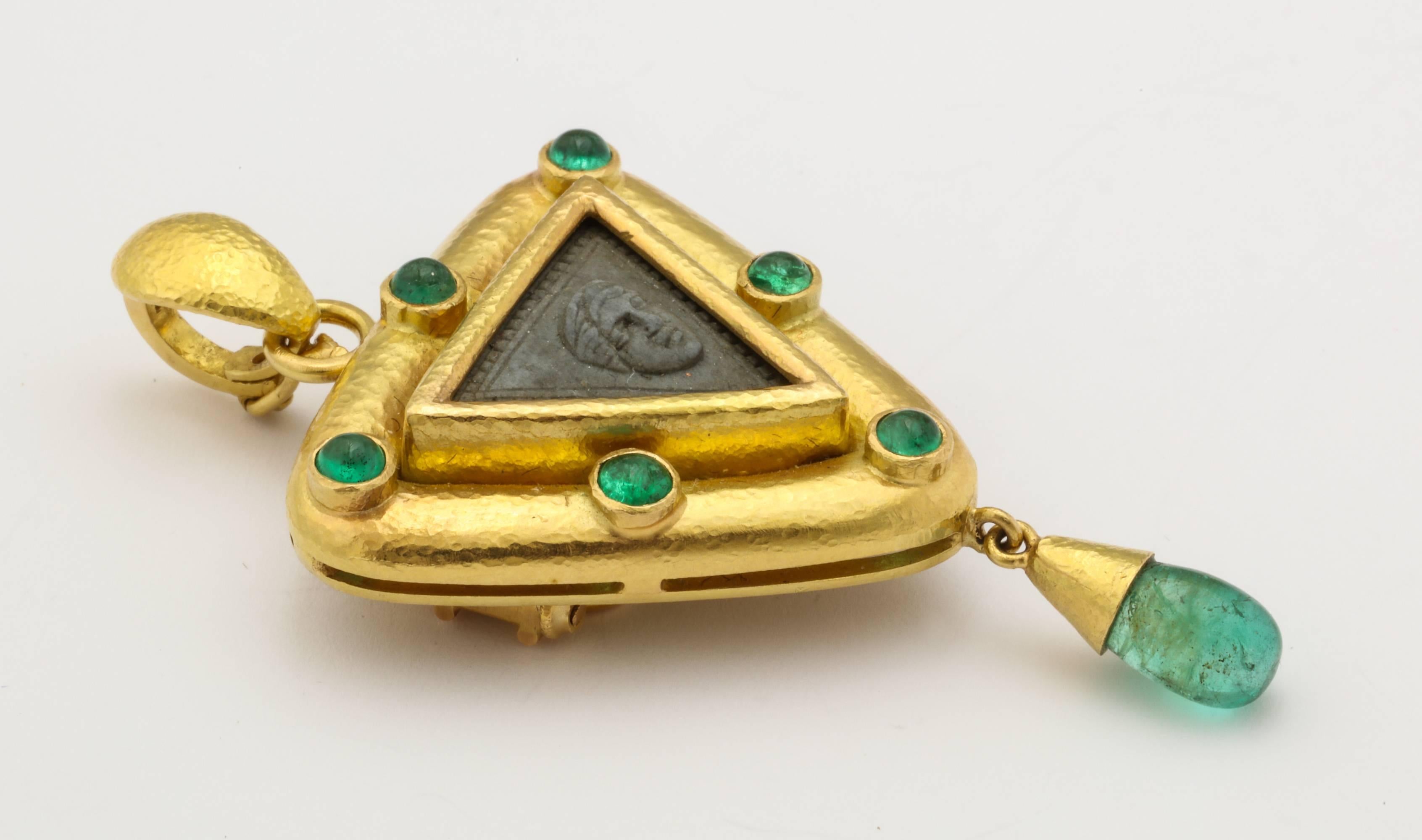 Elizabeth Locke Carved Lava Emerald Gold Pendant Brooch 3